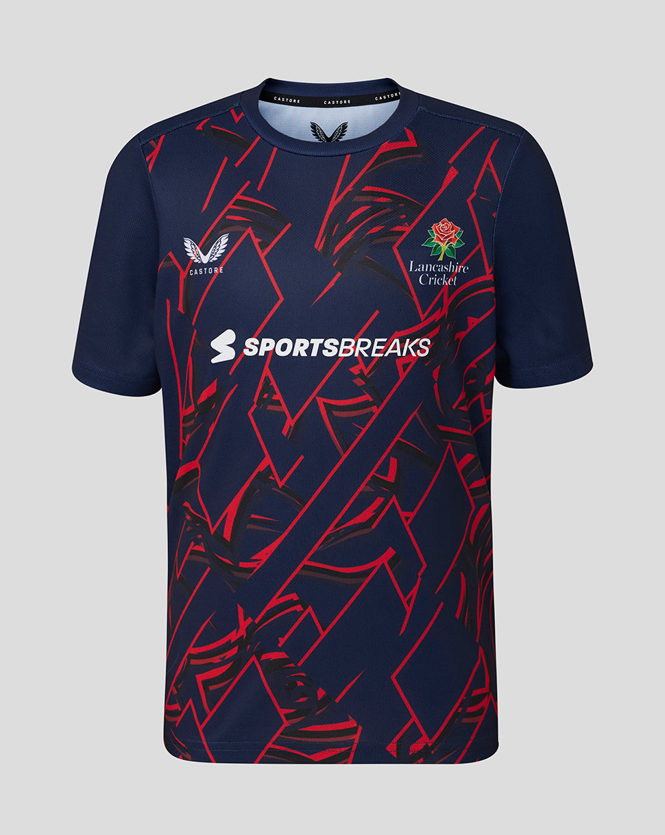 Navy blue sports jersey with red patterns and visible branding on a gray background
