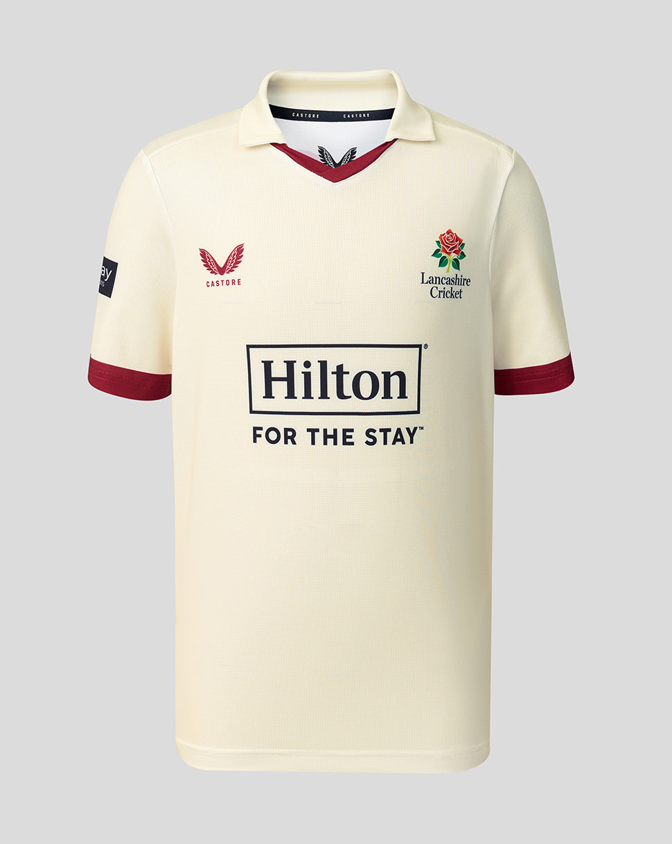 Lancashire Cricket junior cream County Champs short sleeve jersey with Red Rose crest and Hilton sponsor