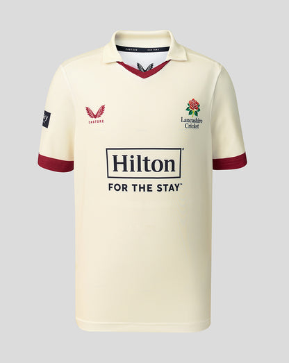 Lancashire Cricket junior cream County Champs short sleeve jersey with Red Rose crest and Hilton sponsor