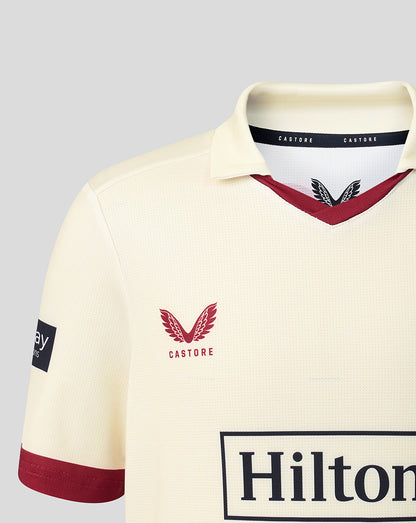 Cream Lancashire junior County Champs jersey front with maroon V neck trim, Lancashire crest and Hilton across chest.