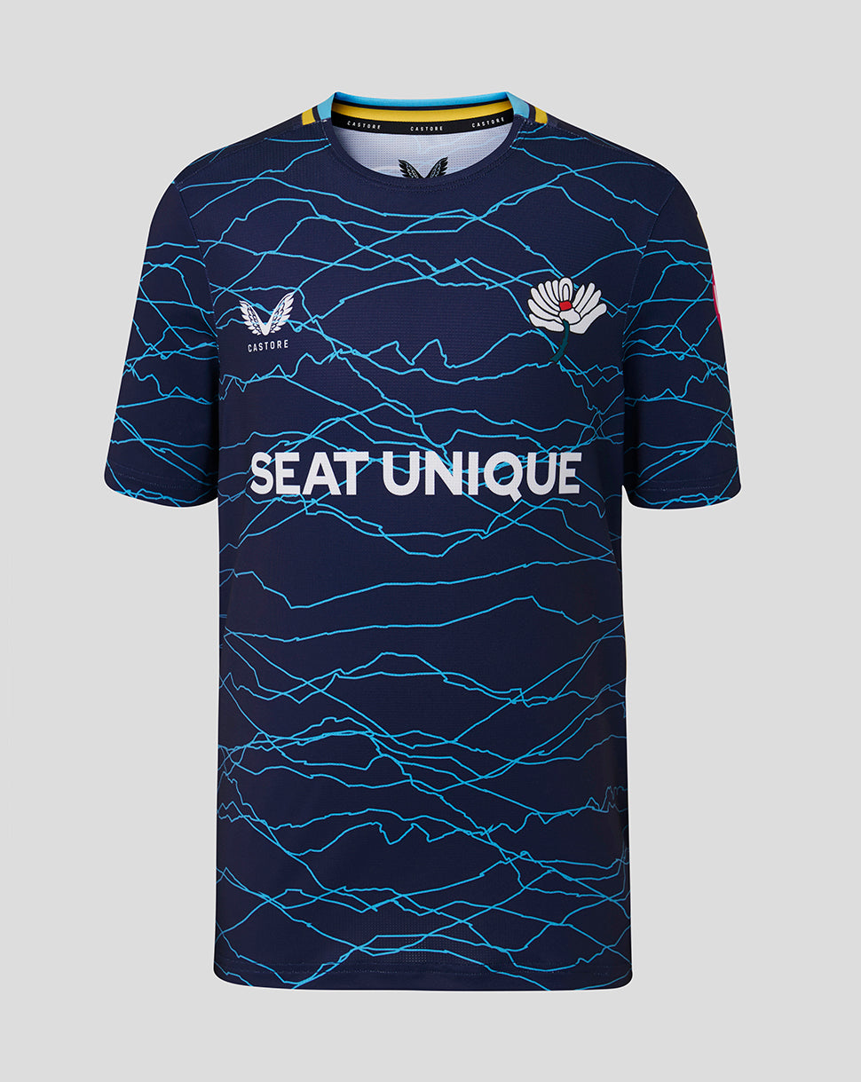 Navy blue sports jersey with branding on a gray background