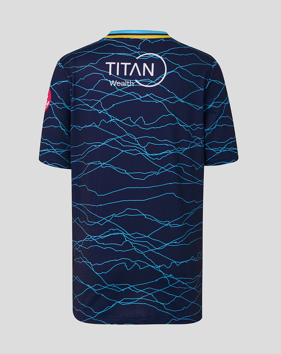 Navy blue sports jersey with blue pattern and 'Titan Wealth' logo on a gray background