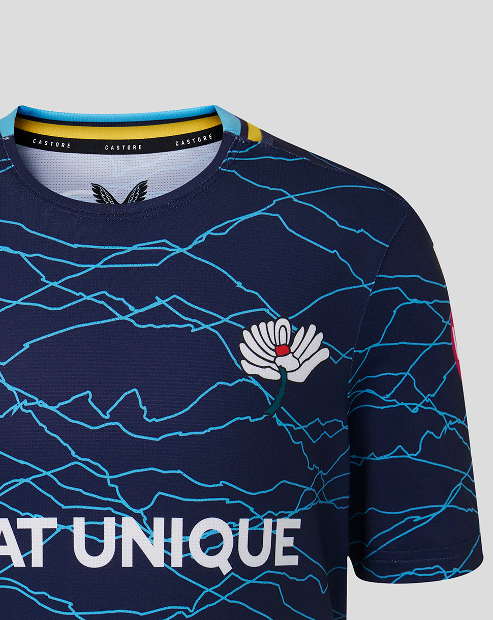 Navy blue sports jersey with white logo and text on a gray background