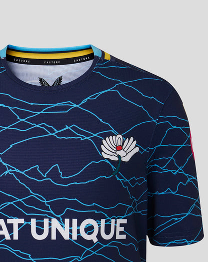 Navy blue sports jersey with white logo and text on a gray background