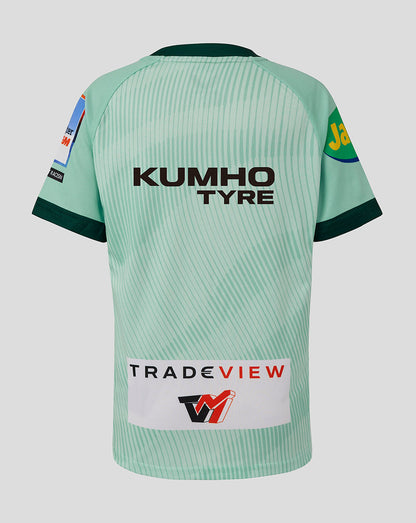Back view of mint green Leicester Tigers junior replica away shirt with Kumho Tyre sponsor across the back.