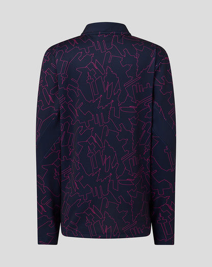 Navy shirt with red geometric pattern on a light gray background