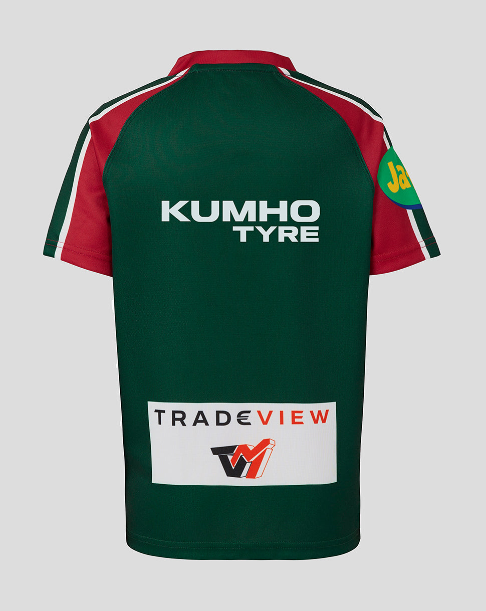 Back view of Leicester Tigers junior home shirt with Kumho Tyre logo on the back and a TradeView patch