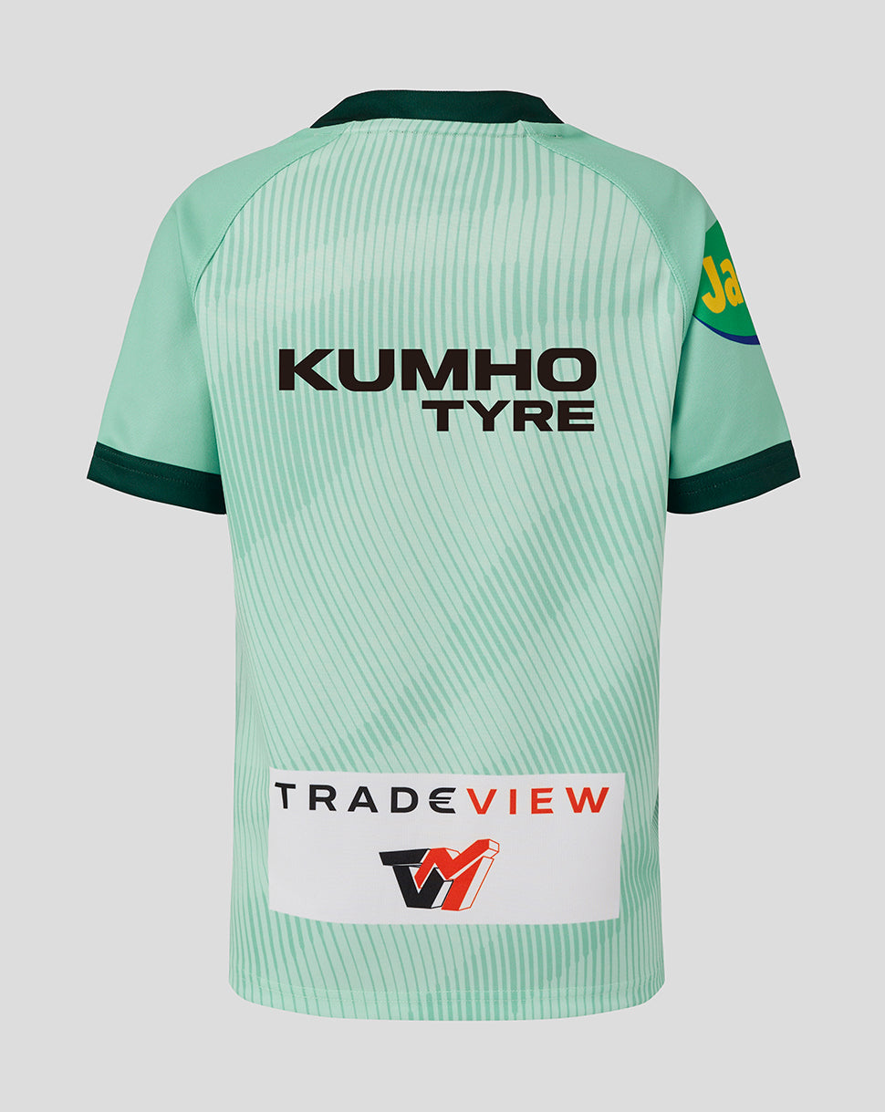 Back view of Leicester Tigers Junior 25/26 Pro Away Shirt featuring mint green striped pattern and Kumho Tyre sponsor across the back