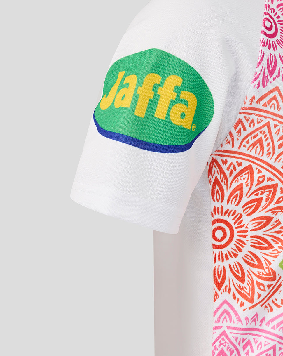 White shirt with 'Jaffa' logo and colorful pattern on a gray background