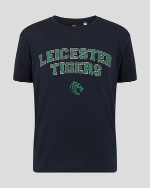 Navy Leicester Tigers junior varsity short sleeve T shirt with green arched logo and tiger crest on front.