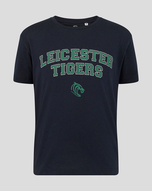 Navy Leicester Tigers junior varsity short sleeve T shirt with green arched logo and tiger crest on front.