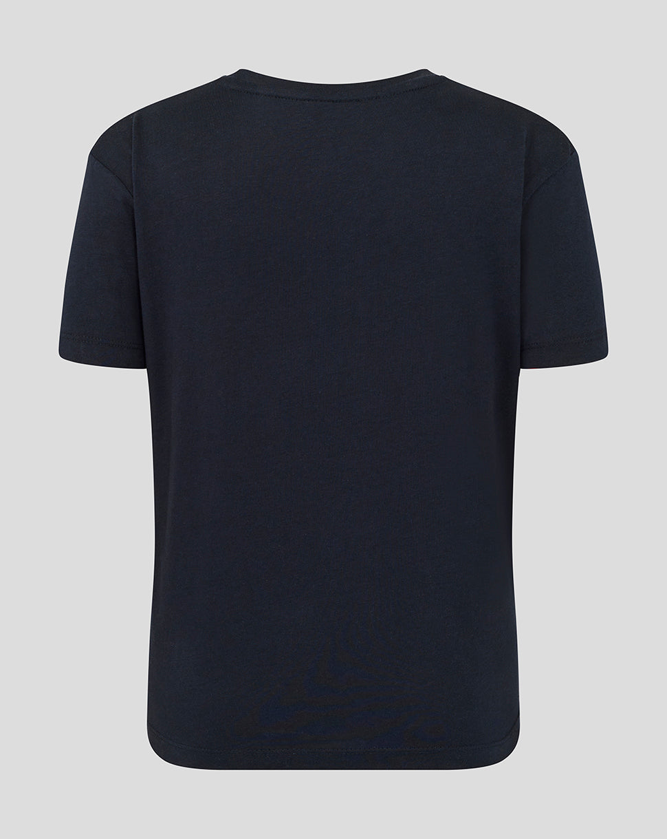 Back view of navy Leicester Tigers junior varsity short sleeve T shirt.