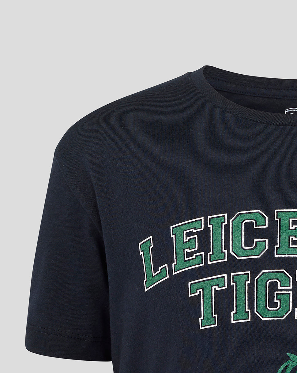 Navy Leicester Tigers junior varsity short sleeve T shirt with large green and white outlined LEICESTER TIGERS across the chest