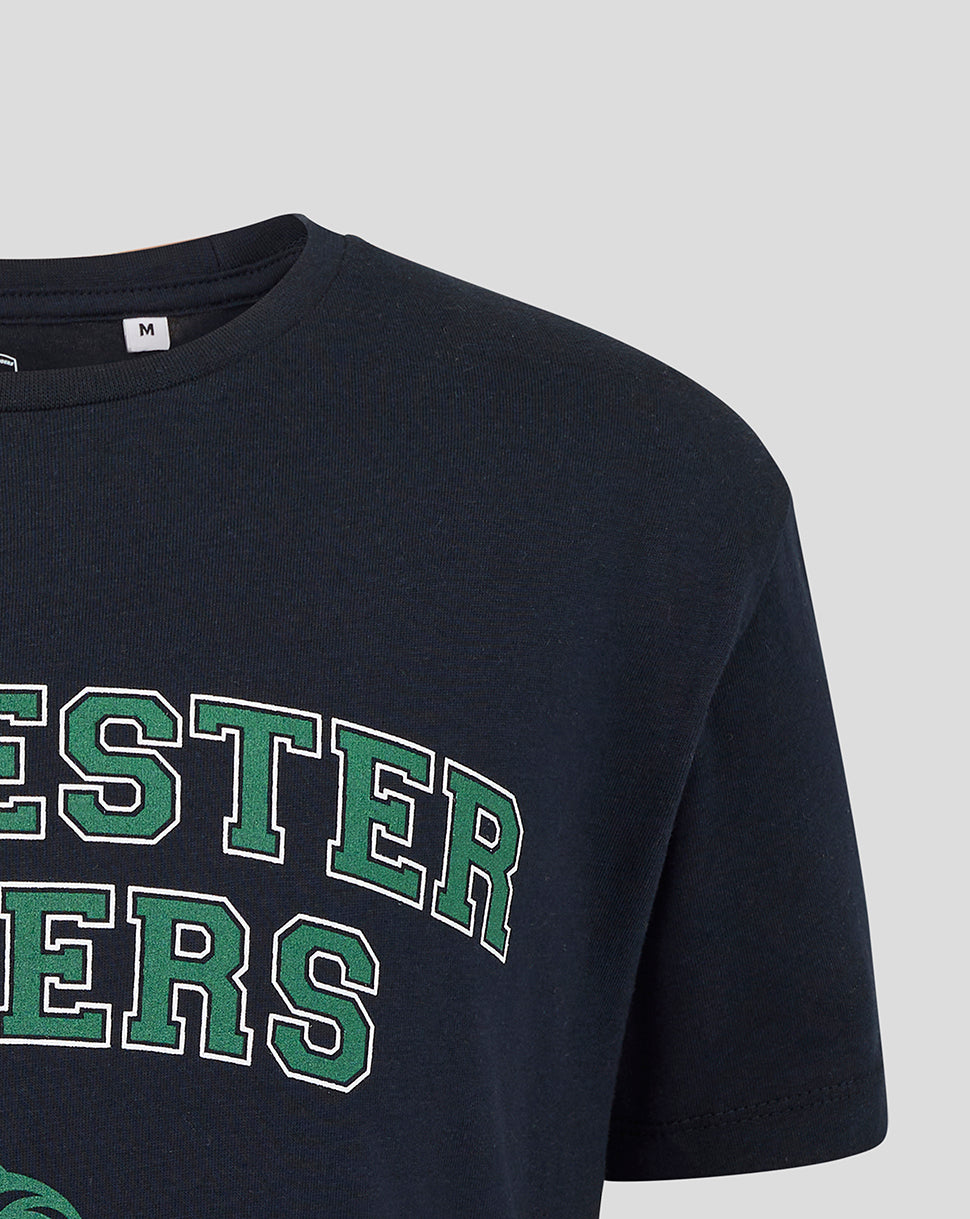 Navy Leicester Tigers junior varsity short sleeve T shirt shown up close with bold green outlined lettering across chest