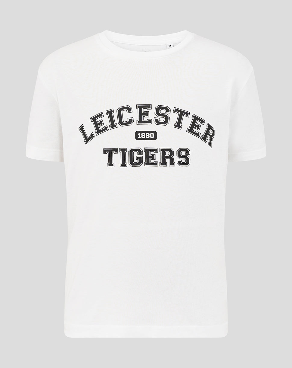 White Leicester Tigers juniors varsity short sleeve T shirt with a black arched logo across the chest