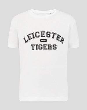White Leicester Tigers juniors varsity short sleeve T shirt with a black arched logo across the chest