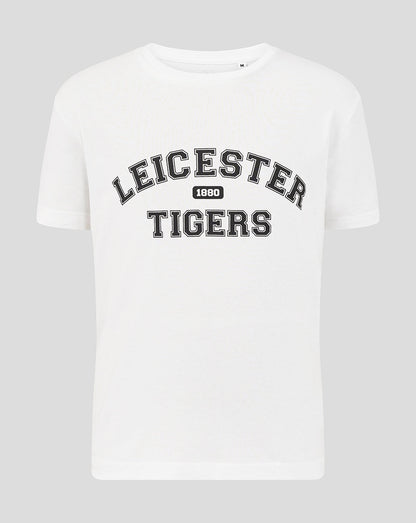 White Leicester Tigers juniors varsity short sleeve T shirt with a black arched logo across the chest