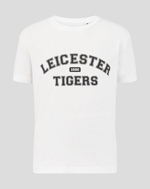 White Leicester Tigers juniors varsity short sleeve T shirt with a black arched logo across the chest