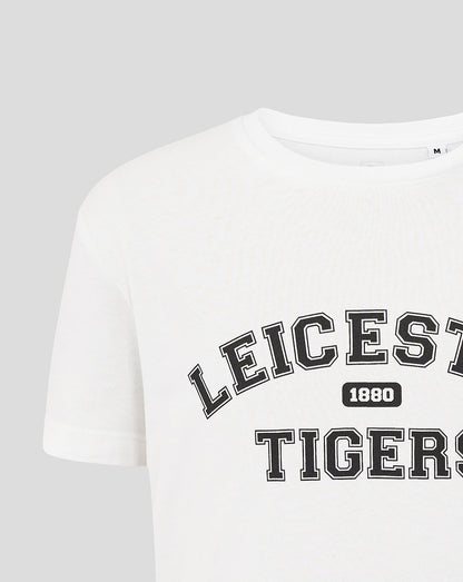 Close up of the white T shirt front showing bold black Leicester Tigers lettering