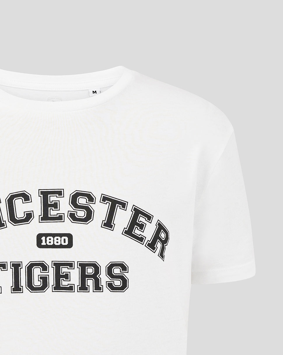White Leicester Tigers junior varsity short sleeve T shirt with arched black lettering and 1880 badge on chest.