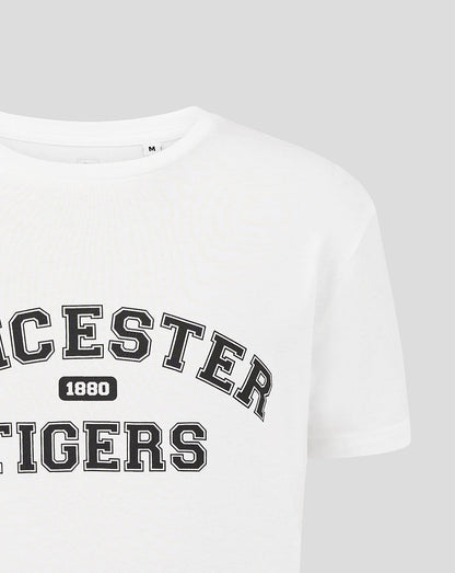 White Leicester Tigers junior varsity short sleeve T shirt with arched black lettering and 1880 badge on chest.