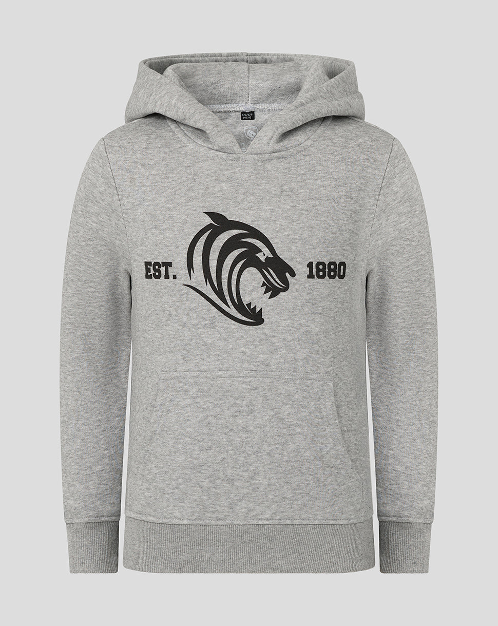 Front view of grey Leicester Tigers junior hoodie with a bold black tiger head logo and EST 1880 on the chest.