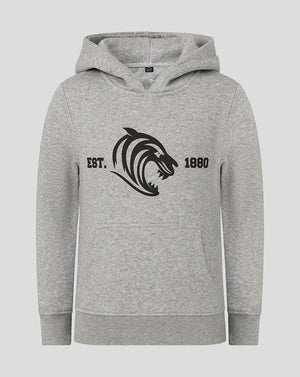 Front view of grey Leicester Tigers junior hoodie with a bold black tiger head logo and EST 1880 on the chest.