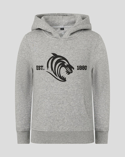 Front view of grey Leicester Tigers junior hoodie with a bold black tiger head logo and EST 1880 on the chest.