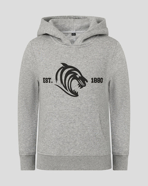 Front view of grey Leicester Tigers junior hoodie with a bold black tiger head logo and EST 1880 on the chest.