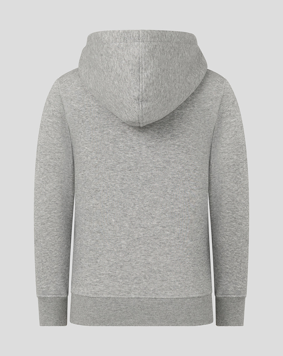 Back view of grey Leicester Tigers junior hoodie with the hood up and plain back.