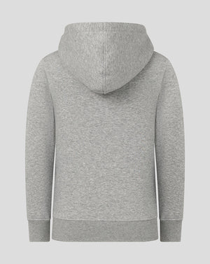 Back view of grey Leicester Tigers junior hoodie with the hood up and plain back.