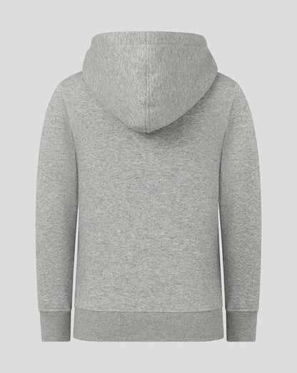 Back view of grey Leicester Tigers junior hoodie with the hood up and plain back.