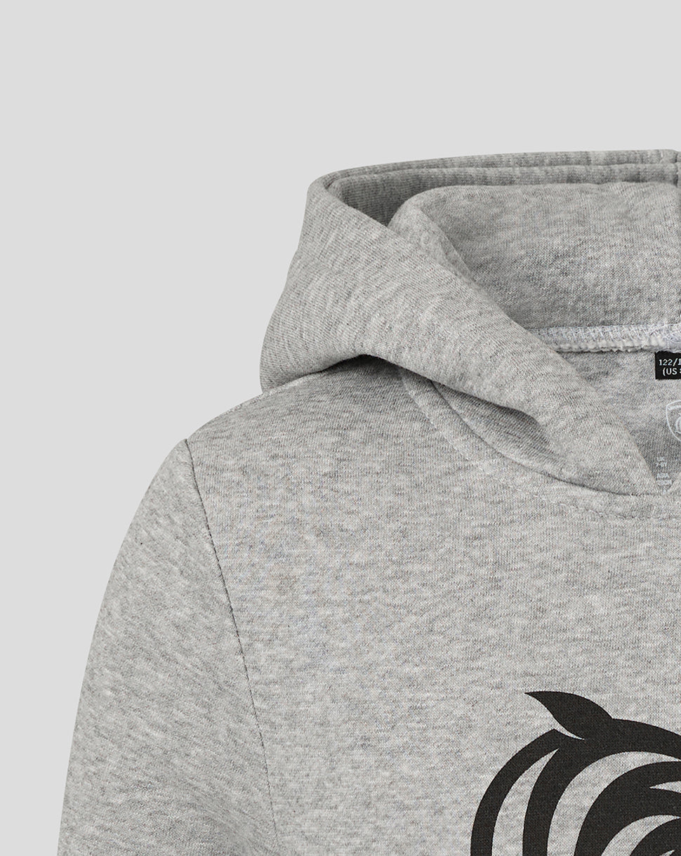 Close-up of the grey hoodie neckline and hood showing textured fabric and partial tiger graphic.