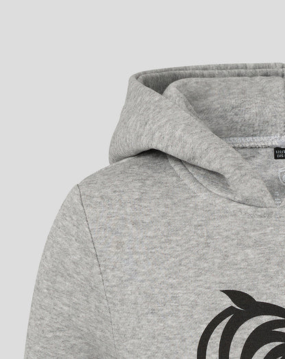 Close-up of the grey hoodie neckline and hood showing textured fabric and partial tiger graphic.