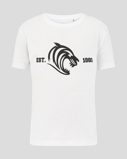 White Leicester Tigers junior varsity 1880 short sleeve T shirt with bold tiger head graphic EST 1880