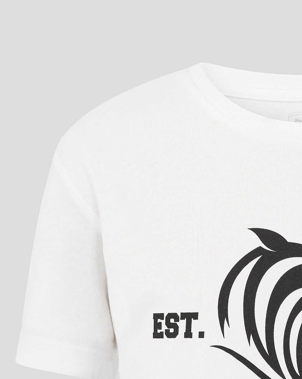 White Leicester Tigers junior varsity 1880 T-shirt with a large black tiger graphic and EST.