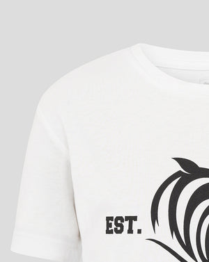 White Leicester Tigers junior varsity 1880 T-shirt with a large black tiger graphic and EST.