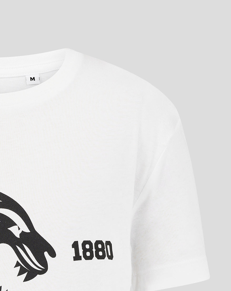 White Leicester Tigers T-shirt neck close up showing size M tag and partial tiger print.