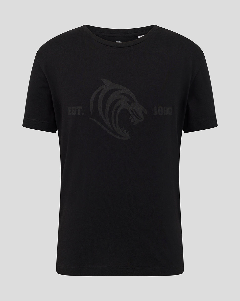 Black Leicester Tigers Junior 25/26 Varsity 1880 short sleeve T shirt with subtle logo