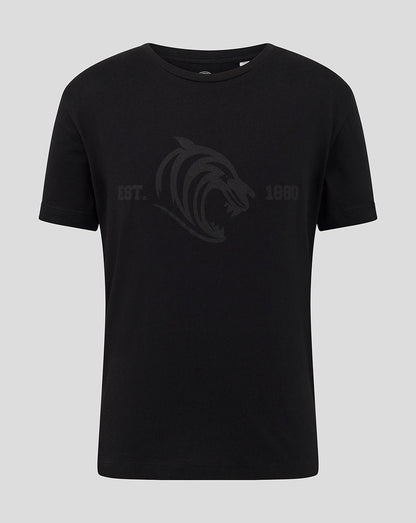 Black Leicester Tigers Junior 25/26 Varsity 1880 short sleeve T shirt with subtle logo
