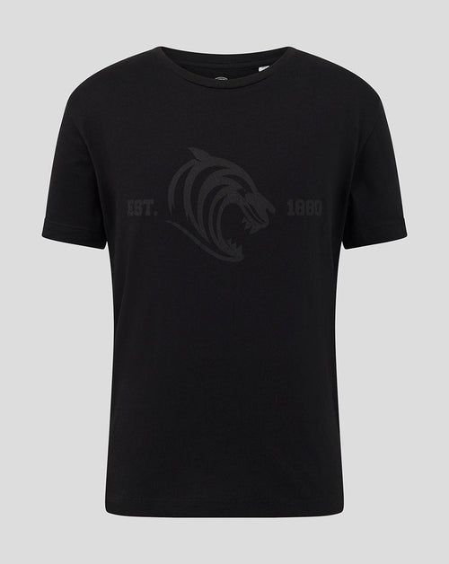 Black Leicester Tigers Junior 25/26 Varsity 1880 short sleeve T shirt with subtle logo
