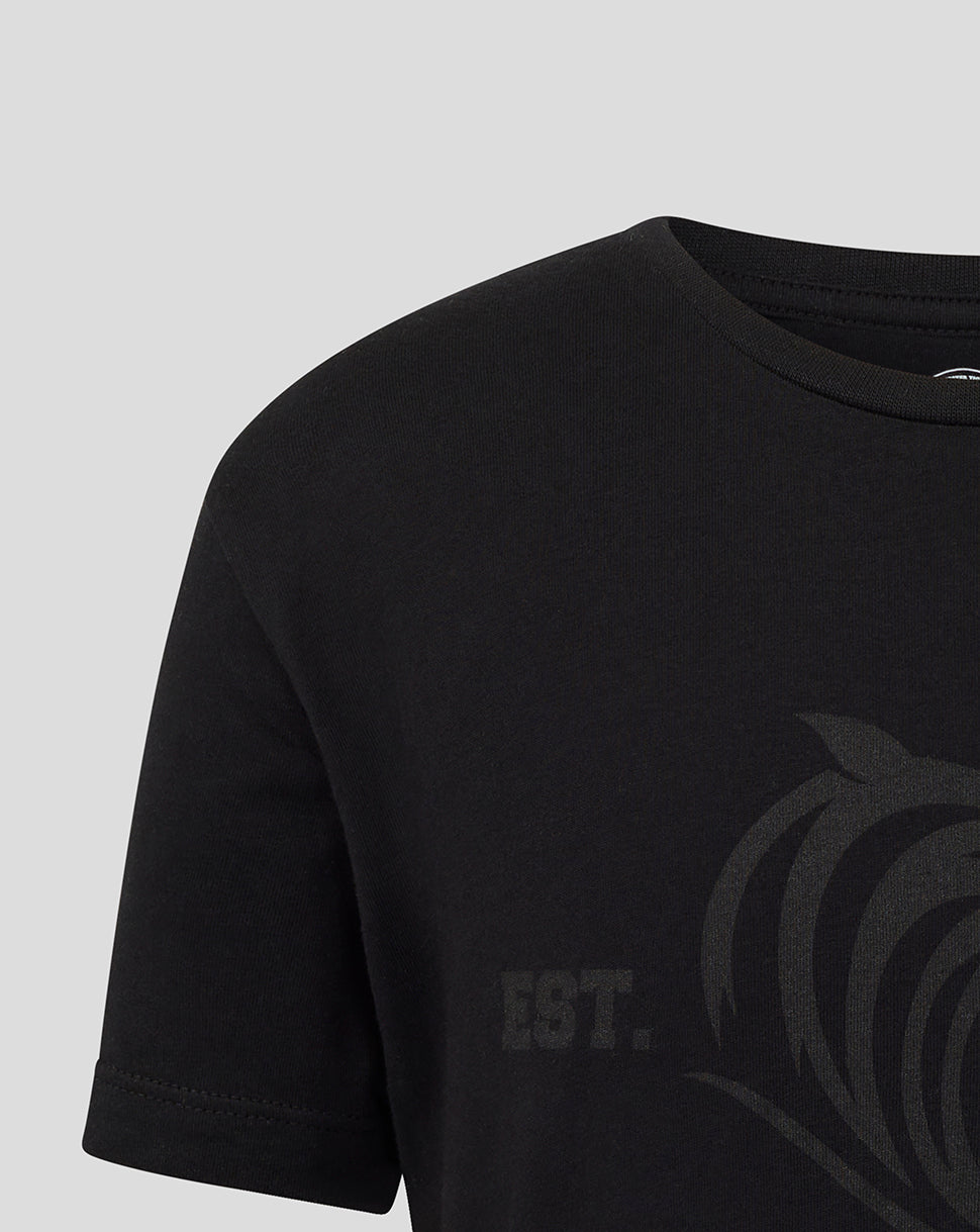 Black Leicester Tigers junior varsity 1880 short sleeve T shirt close up of the chest graphic