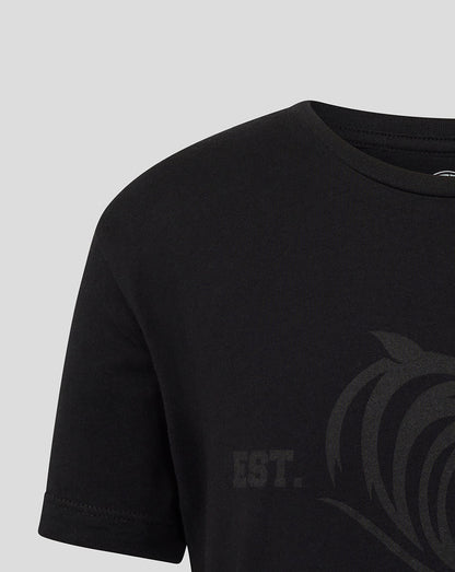 Black Leicester Tigers junior varsity 1880 short sleeve T shirt close up of the chest graphic