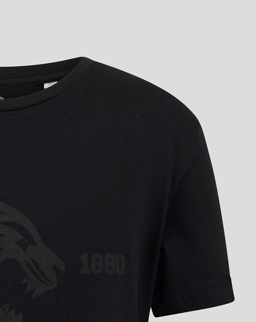 Black Leicester Tigers junior varsity 1880 short sleeve T shirt shoulder view with a faint chest logo