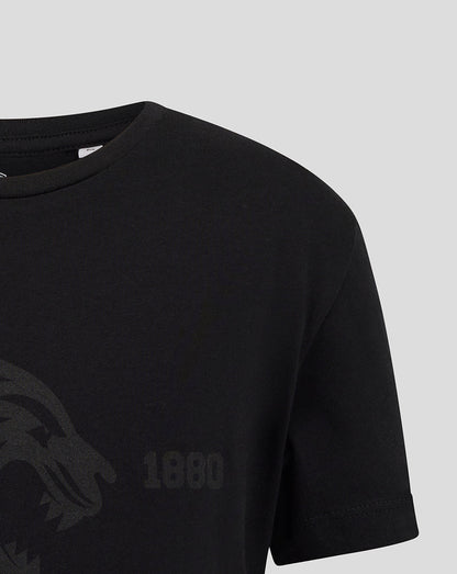Black Leicester Tigers junior varsity 1880 short sleeve T shirt shoulder view with a faint chest logo