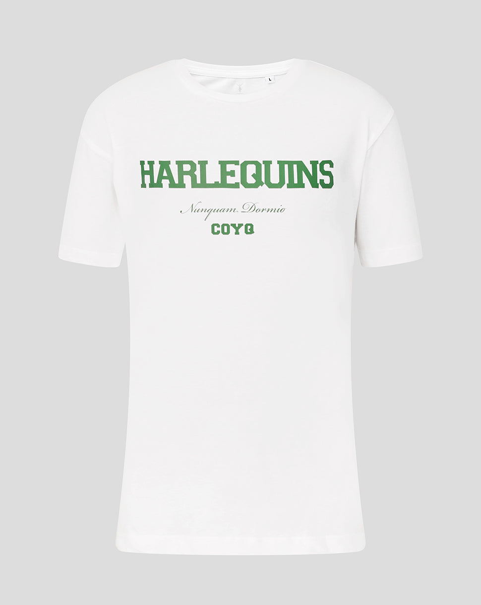 White t-shirt with green and black text on a light gray background