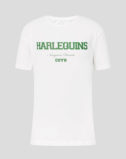 White t-shirt with green and black text on a light gray background