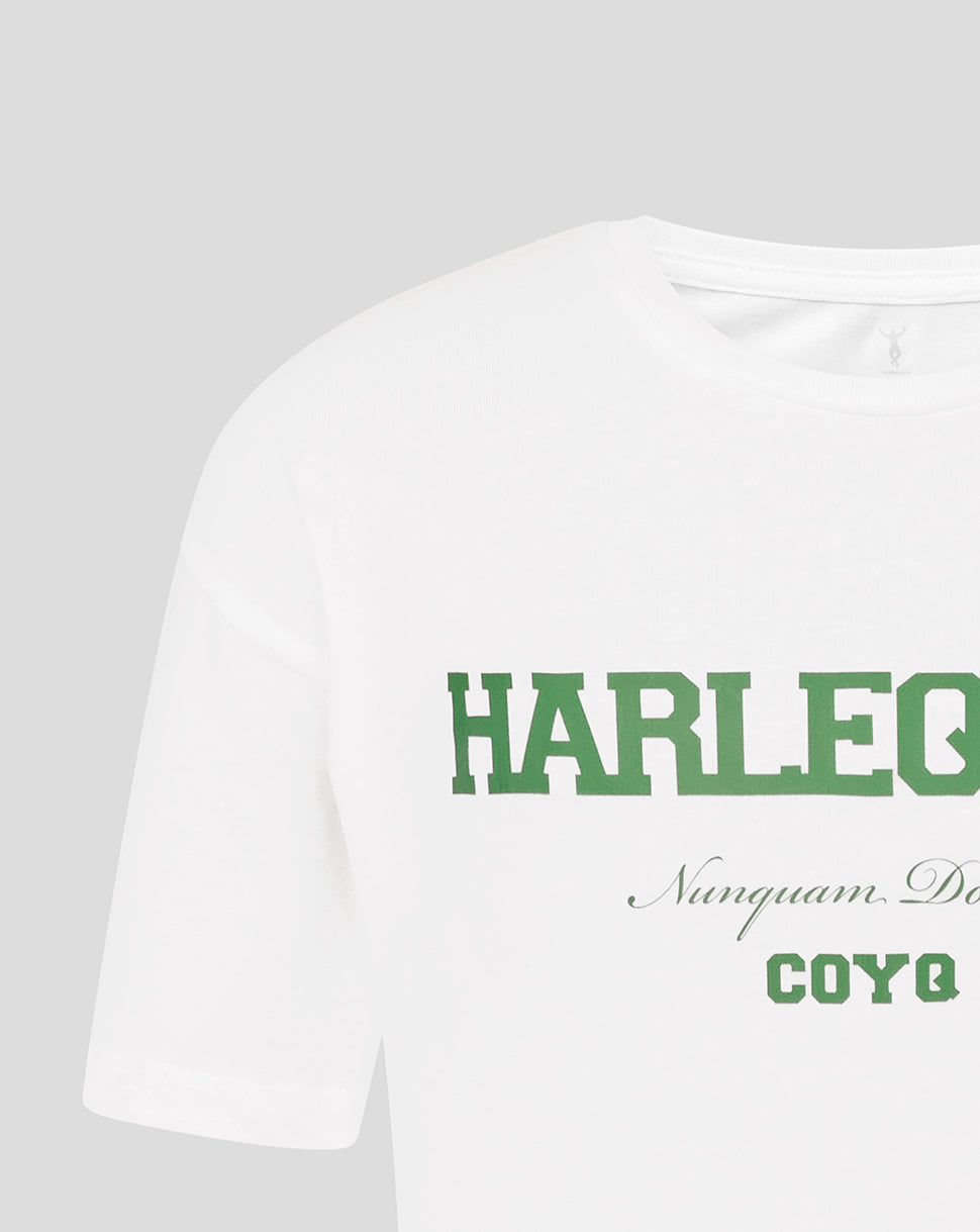 White t-shirt with green text on a light gray background