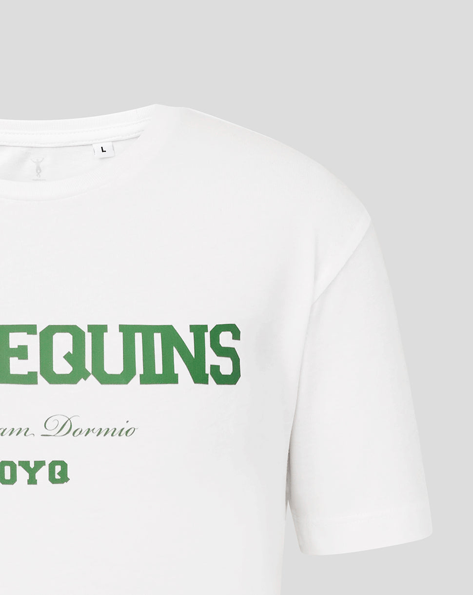 White t-shirt with green text on a light gray background