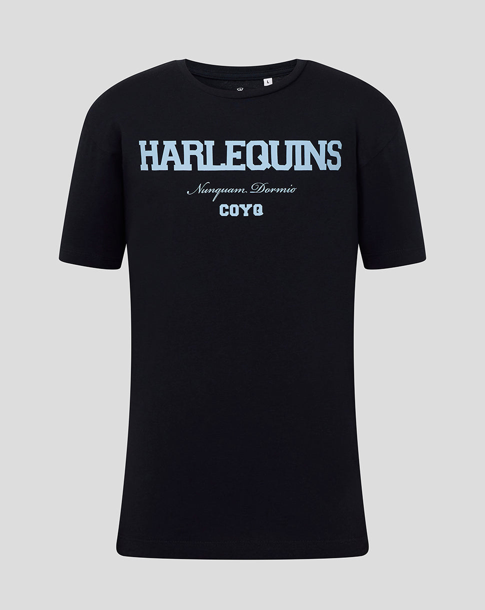 Black Harlequins junior varsity T-shirt with blue logo text across chest